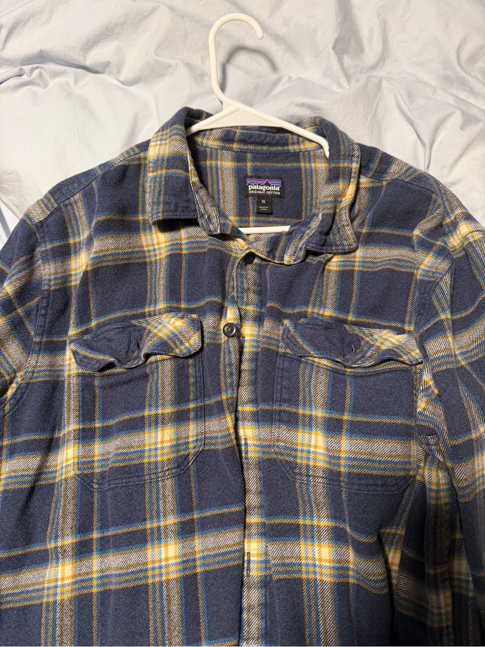 Patagonia Navy and Yellow Plaid Flannel Shirt